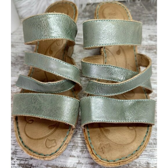 Born Zemora Slip On Leather Wedge Sandal Shoe Women's Sz 9 Green Metallic Beachy - Picture 3 of 13